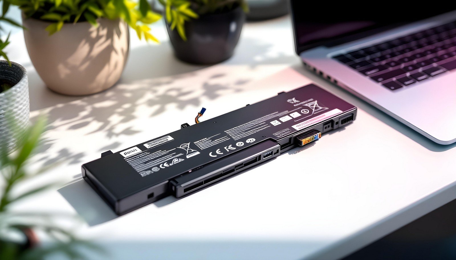 A sleek lithium-ion laptop battery placed on a desk near a laptop, surrounded by potted plants, symbolizing portability and energy efficiency.