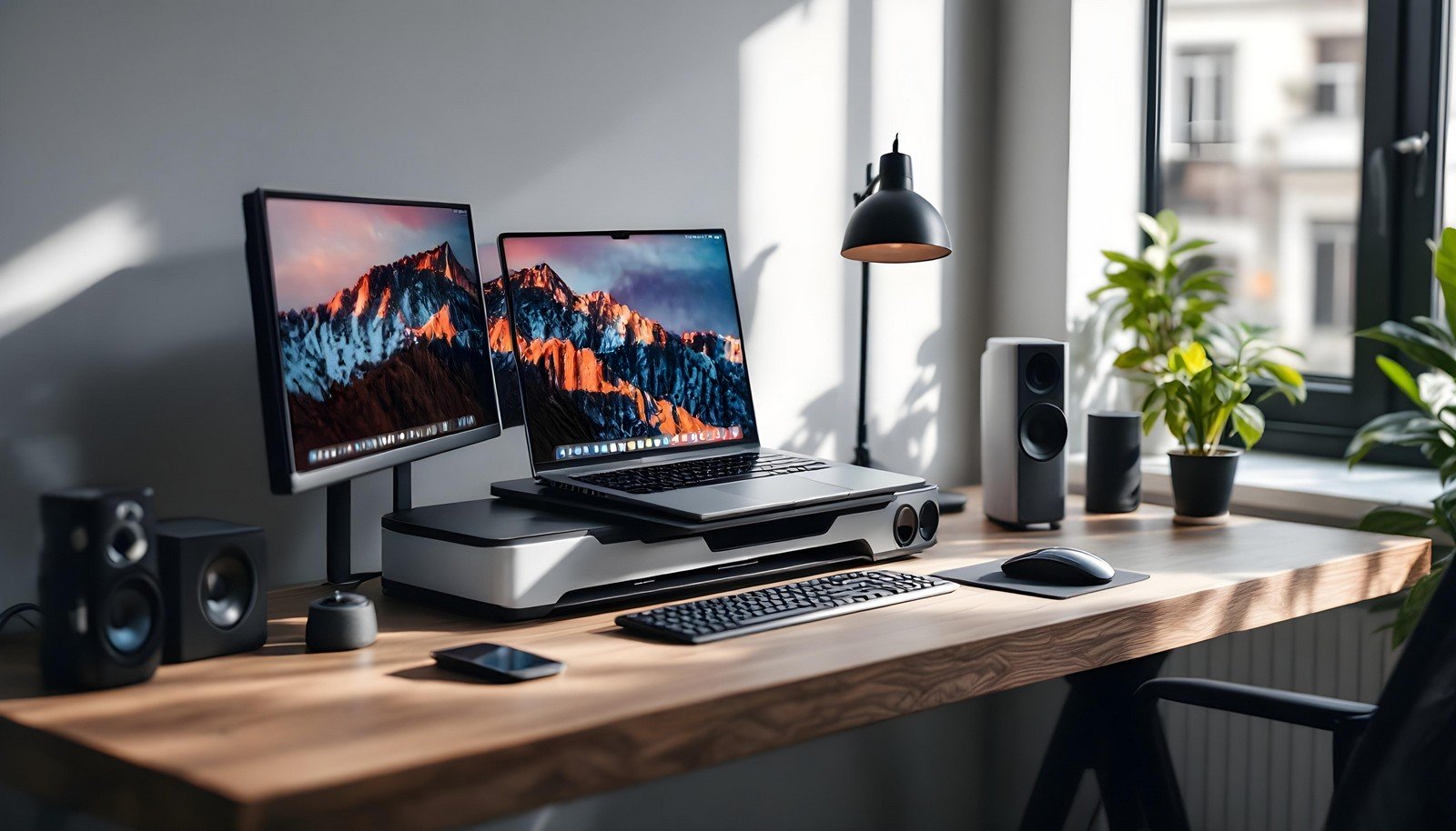 A modern laptop docking station setup featuring dual monitors, a sleek keyboard, mouse, and ergonomic design, surrounded by green plants and natural light.