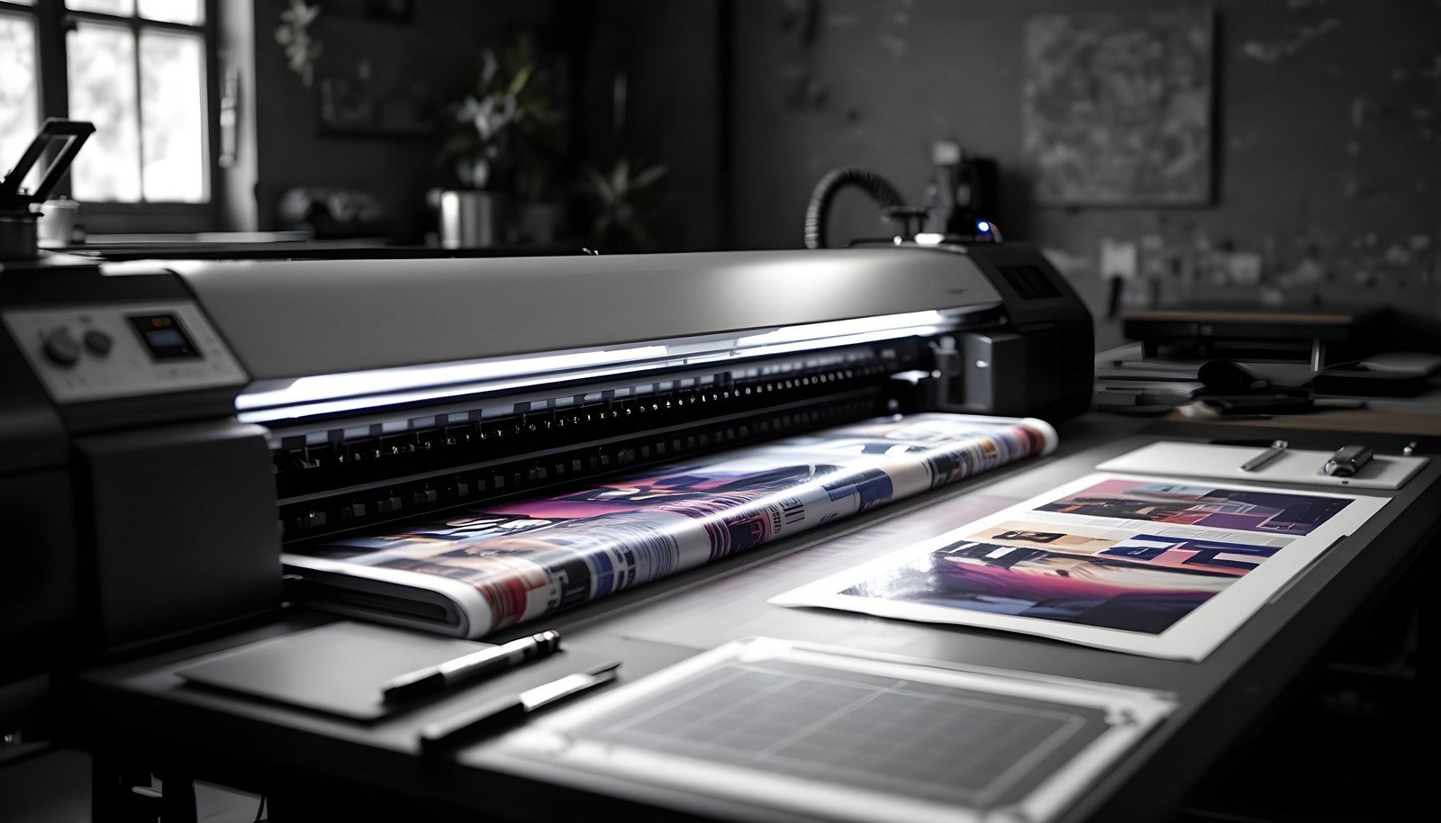 A high-quality large-format printer in action, printing a vibrant poster roll on a professional workspace.