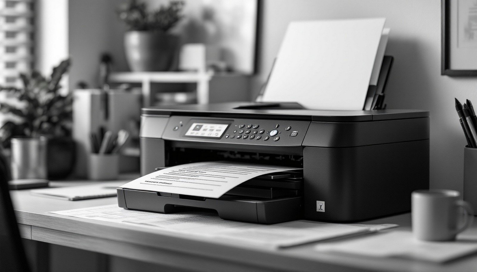 A black laser printer printing a document in a modern home office setup, surrounded by stationery and plants.