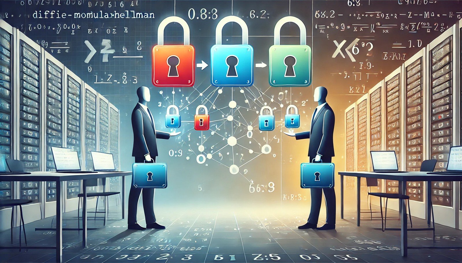 Abstract illustration showing two individuals exchanging colorful containers, symbolizing shared secrets, connected by a secure digital network. Mathematical symbols in the background represent encryption and modular arithmetic, emphasizing security.