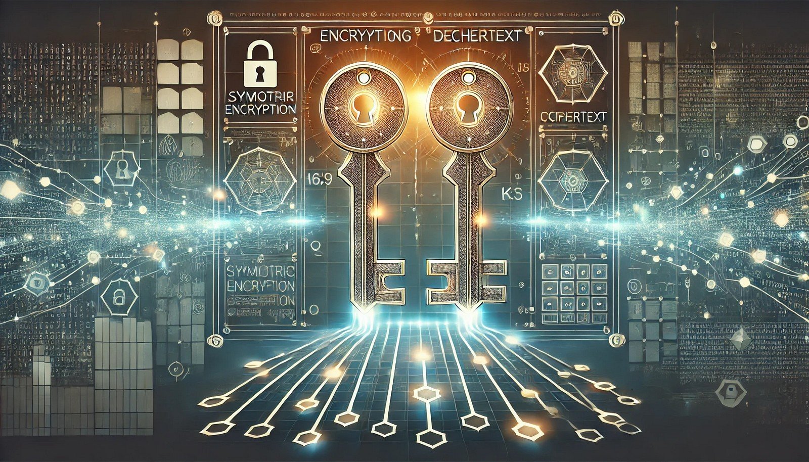 Digital illustration of symmetric encryption showing two identical keys connected by a glowing data stream transitioning between plaintext and ciphertext, with a futuristic network-themed background.